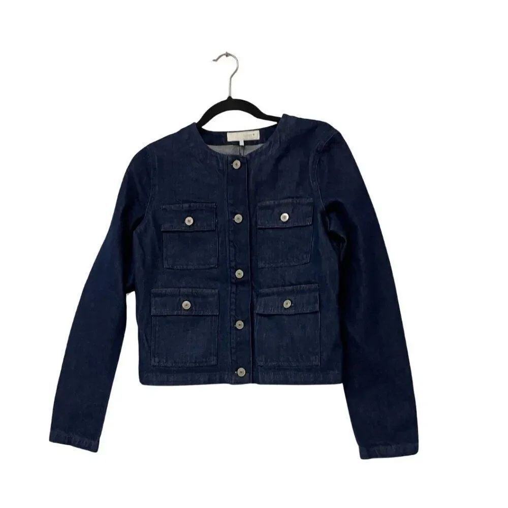 Zara Womens Denim Jean Jacket Small Blue Button Front Collarless 6929/073 NWT